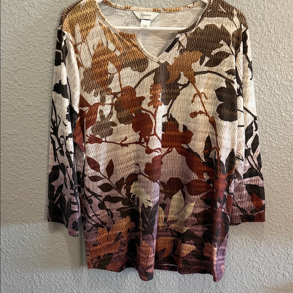 CJ Banks Brown Multi V-Neck Floral Knit Top size 1X
